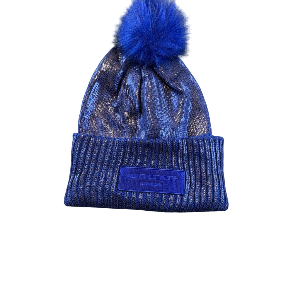 Kurt Geiger London Metallic Blue Pom Pom Beanie Hat Ribbed Knit Logo Patch